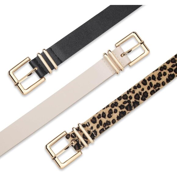 Pack 3 Women\'s Belts for Jeans Pants Gold Buckle Leather Belts Beige Leopard main image 4